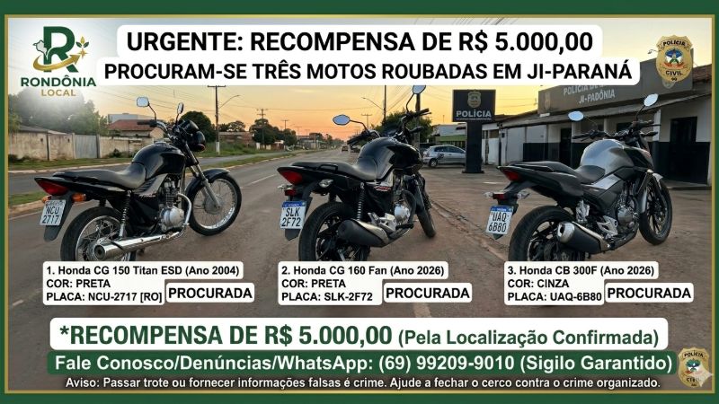 URGENTE: Recompensa de R$ 5.000,00 por Informações sobre Três Motos Roubadas - informaçõoes  (69) 99209-9010